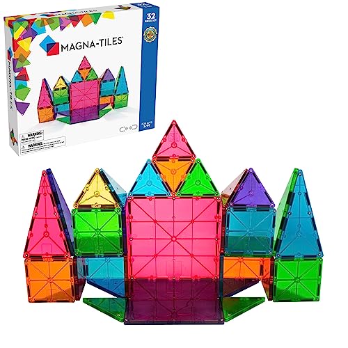Magna-Tiles 32-teiliges Set Clear Colours mit unterschiedlichen, magnetischen 3D-Bausteinen in klaren Farben, fördert spielerisches Lernen von Magna-Tiles