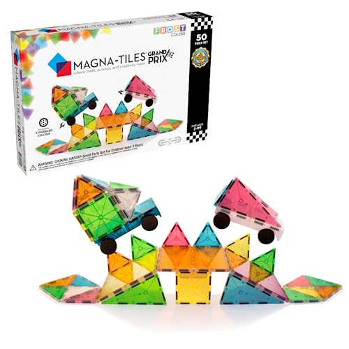 Magna-Tiles 50-teiliges Set Grand Prix mit unterschiedlichen, magnetischen 3D-Bausteinen in matten Farben und 2 Fahrgestellen, fördert spielerisches Lernen von Magna-Tiles