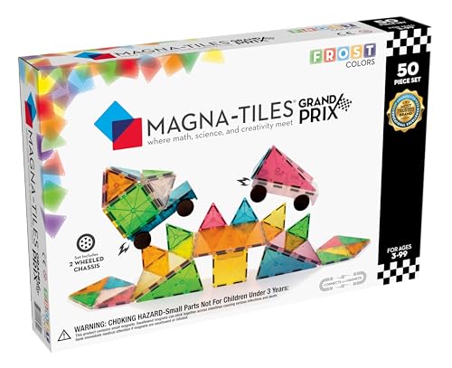 Magna-Tiles 50-teiliges Set Grand Prix mit unterschiedlichen, magnetischen 3D-Bausteinen in matten Farben und 2 Fahrgestellen, fördert spielerisches Lernen von Magna-Tiles