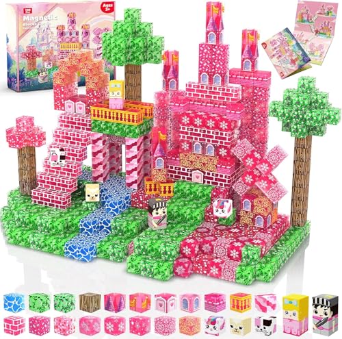 Magnetische Bausteine - 100 Teile Magnetbausteine Transparentes Rosa Schloss Kreatives Lernspielzeug für Mädchen ab 3 Jahren - Ideale Ostergeschenke von Magnetopia