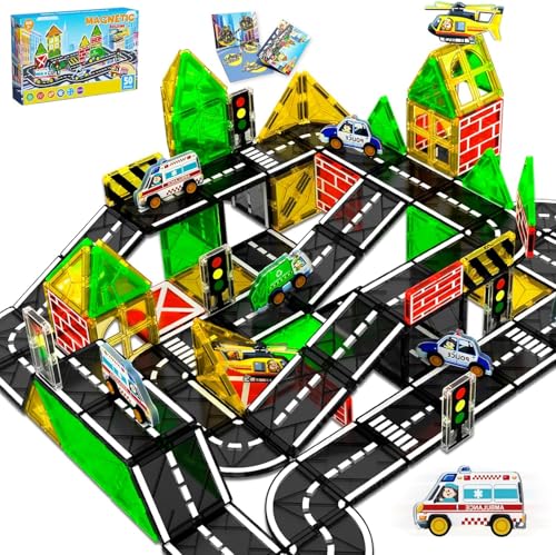 Magnetische Bausteine Magnetbausteine Straßen-Set | 50 Teile Magnetische Fliesen mit Fahrzeugen | Baue Deine Traumstadt mit Rettungswagen, Feuerwehr & Polizeiauto Spielzeug ab 4 5 6 7 Jahren von Magnetopia