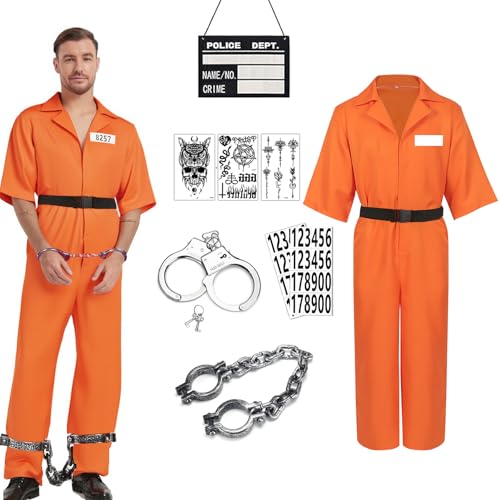 Gefangenenkostüm für Herren und Damen, orangefarbener Gefängnis-Overall, Insassenkostüm, Halloween, Gefängnisstraf-Kostüm und Zubehör (Medium) von Magwei