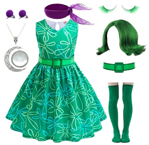 Magwei Ekel-Kostüm für Mädchen, Freude, Prinzessinnenkleid, Kostüm, Kinder, Cosplay, Verkleidung, Halloween, Geburtstag, Weihnachten, Outfits mit Perücke (Grün, 5–6 Jahre) von Magwei