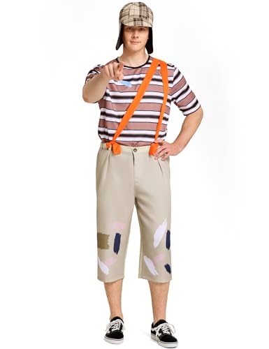 Mexikanisches TV-Cosplay-Kostüm für Erwachsene, Patchwork-Overall-Anzug-Set mit gestreiftem T-Shirt-Hut für Halloween-Party-Outfit von Mahoon
