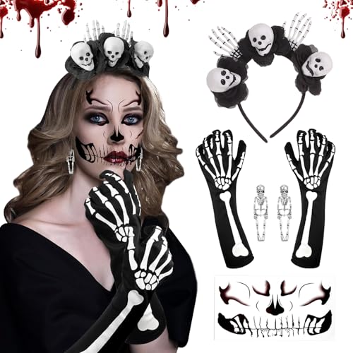 MaibaoteMbt Tag der Toten Haarreif und Schleier, Halloween Totenkopf Kopfschmuck, Tag Der Toten Rosen, Halloween Gesichtstattoos, Damen Kostüm Accessoires für Halloween Karneval Cosplay (M1) von MaibaoteMbt