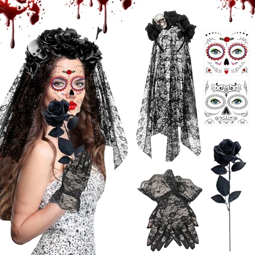 MaibaoteMbt Tag der Toten Haarreif und Schleier, Halloween Totenkopf Kopfschmuck, Tag Der Toten Rosen, Halloween Gesichtstattoos, Damen Kostüm Accessoires für Halloween Karneval Cosplay (M2) von MaibaoteMbt