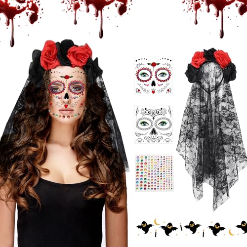MaibaoteMbt Tag der Toten Haarreif und Schleier, Halloween Totenkopf Kopfschmuck, Tag Der Toten Rosen, Halloween Gesichtstattoos, Damen Kostüm Accessoires für Halloween Karneval Cosplay (M3) von MaibaoteMbt