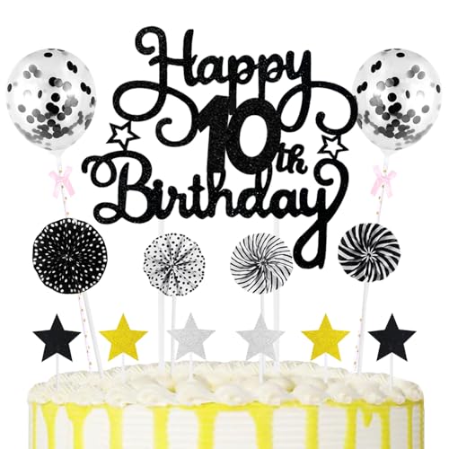 10th Geburtstag Kuchen Dekoration Kuchen Toppers Schwarz Birthday Torten Dekoration Sternen Papierfächer Ballon Torte Toppers Kuchendeko für 10. Geburtstag Dekorationen Party Zubehör von Maigendoo