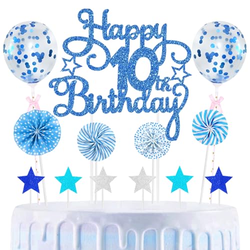 10th Geburtstag Kuchen Dekoration Kuchen Toppers Birthday Torten Dekoration Sternen Papierfächer Ballon Torte Toppers Kuchendeko für 10. Geburtstag Dekorationen Party Zubehör, Blau 10th Geburtstag Kuchen Dekoration Kuchen Toppers Birthday Torten Dekoration Sternen Papierfächer Ballon Torte Toppers Kuchendeko für 10. Geburtstag Dekorationen Party Zubehör, Blau von Maigendoo