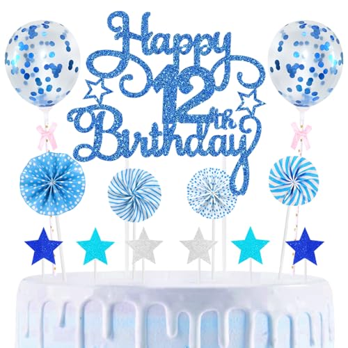 12th Geburtstag Kuchen Dekoration Kuchen Toppers Birthday Torten Dekoration Sternen Papierfächer Ballon Torte Toppers Kuchendeko für 12. Geburtstag Dekorationen Party Zubehör, Blau 12th Geburtstag Kuchen Dekoration Kuchen Toppers Birthday Torten Dekoration Sternen Papierfächer Ballon Torte Toppers Kuchendeko für 12. Geburtstag Dekorationen Party Zubehör, Blau von Maigendoo