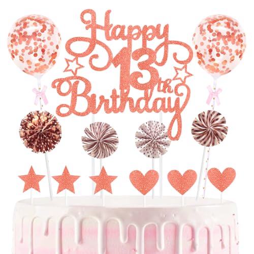 13th Geburtstag Kuchen Dekoration Kuchen Toppers Birthday Torten Dekoration Sternen Herz Papierfächer Ballon Torte Toppers Kuchendeko für 13. Geburtstag Dekorationen Party Zubehör von Maigendoo