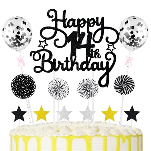 14th Geburtstag Kuchen Dekoration Kuchen Toppers Schwarz Birthday Torten Dekoration Sternen Papierfächer Ballon Torte Toppers Kuchendeko für 14. Geburtstag Dekorationen Party Zubehör von Maigendoo