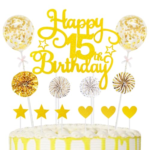 15th Geburtstag Kuchen Dekoration Kuchen Toppers Birthday Torten Dekoration Herz Sternen Papierfächer Ballon Torte Toppers Kuchendeko für 15. Geburtstag Dekorationen Party Zubehör, Gold 15th Geburtstag Kuchen Dekoration Kuchen Toppers Birthday Torten Dekoration Herz Sternen Papierfächer Ballon Torte Toppers Kuchendeko für 15. Geburtstag Dekorationen Party Zubehör, Gold von Maigendoo