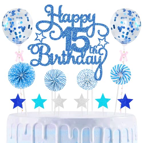 15th Geburtstag Kuchen Dekoration Kuchen Toppers Birthday Torten Dekoration Sternen Papierfächer Ballon Torte Toppers Kuchendeko für 15. Geburtstag Dekorationen Party Zubehör, Blau 15th Geburtstag Kuchen Dekoration Kuchen Toppers Birthday Torten Dekoration Sternen Papierfächer Ballon Torte Toppers Kuchendeko für 15. Geburtstag Dekorationen Party Zubehör, Blau von Maigendoo