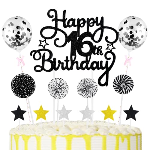 16th Geburtstag Kuchen Dekoration Kuchen Toppers Schwarz Birthday Torten Dekoration Sternen Papierfächer Ballon Torte Toppers Kuchendeko für 16. Geburtstag Dekorationen Party Zubehör von Maigendoo