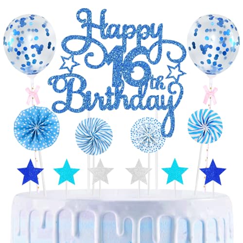 16th Geburtstag Kuchen Dekoration Kuchen Toppers Birthday Torten Dekoration Sternen Papierfächer Ballon Torte Toppers Kuchendeko für 16. Geburtstag Dekorationen Party Zubehör, Blau 16th Geburtstag Kuchen Dekoration Kuchen Toppers Birthday Torten Dekoration Sternen Papierfächer Ballon Torte Toppers Kuchendeko für 16. Geburtstag Dekorationen Party Zubehör, Blau von Maigendoo