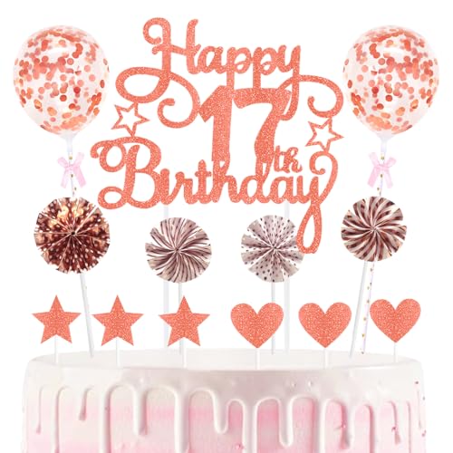 17th Geburtstag Kuchen Dekoration Kuchen Toppers Birthday Torten Dekoration Sternen Herz Papierfächer Ballon Torte Toppers Kuchendeko für 17. Geburtstag Dekorationen Party Zubehör von Maigendoo