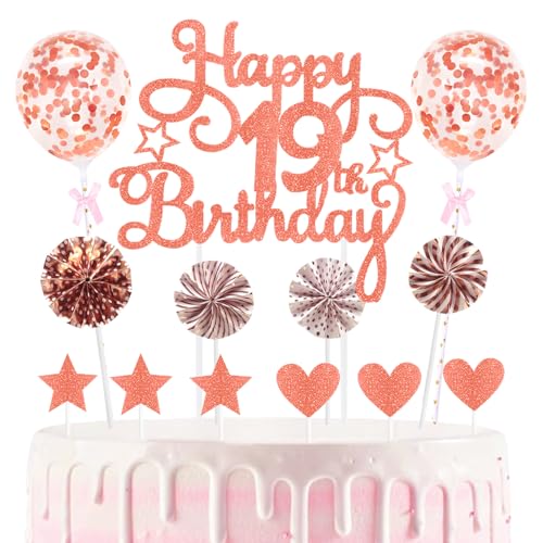 19th Geburtstag Kuchen Dekoration Kuchen Toppers Birthday Torten Dekoration Sternen Herz Papierfächer Ballon Torte Toppers Kuchendeko für 19. Geburtstag Dekorationen Party Zubehör von Maigendoo