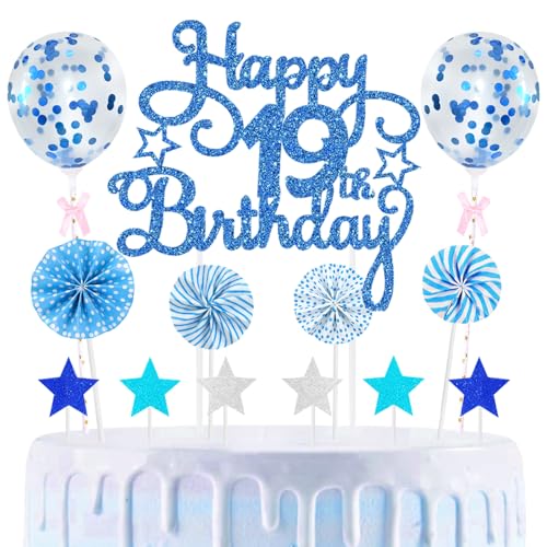 19th Geburtstag Kuchen Dekoration Kuchen Toppers Birthday Torten Dekoration Sternen Papierfächer Ballon Torte Toppers Kuchendeko für 19. Geburtstag Dekorationen Party Zubehör, Blau 19th Geburtstag Kuchen Dekoration Kuchen Toppers Birthday Torten Dekoration Sternen Papierfächer Ballon Torte Toppers Kuchendeko für 19. Geburtstag Dekorationen Party Zubehör, Blau von Maigendoo