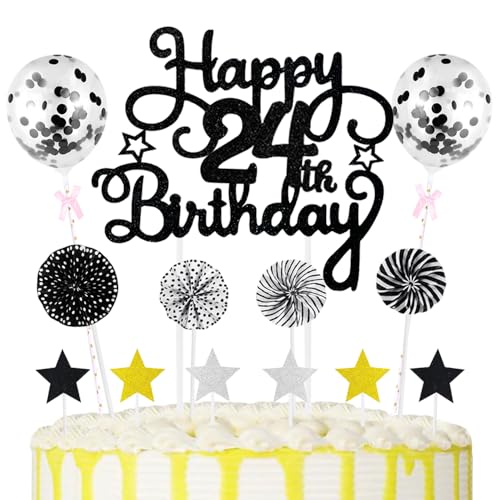 24th Geburtstag Kuchen Dekoration Kuchen Toppers Schwarz Birthday Torten Dekoration Sternen Papierfächer Ballon Torte Toppers Kuchendeko für 24. Geburtstag Dekorationen Party Zubehör von Maigendoo