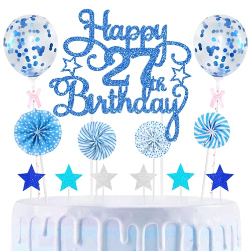 27th Geburtstag Kuchen Dekoration Kuchen Toppers Birthday Torten Dekoration Sternen Papierfächer Ballon Torte Toppers Kuchendeko für 27. Geburtstag Dekorationen Party Zubehör, Blau 27th Geburtstag Kuchen Dekoration Kuchen Toppers Birthday Torten Dekoration Sternen Papierfächer Ballon Torte Toppers Kuchendeko für 27. Geburtstag Dekorationen Party Zubehör, Blau von Maigendoo
