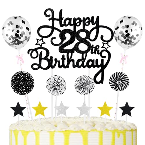 28th Geburtstag Kuchen Dekoration Kuchen Toppers Schwarz Birthday Torten Dekoration Sternen Papierfächer Ballon Torte Toppers Kuchendeko für 28. Geburtstag Dekorationen Party Zubehör von Maigendoo