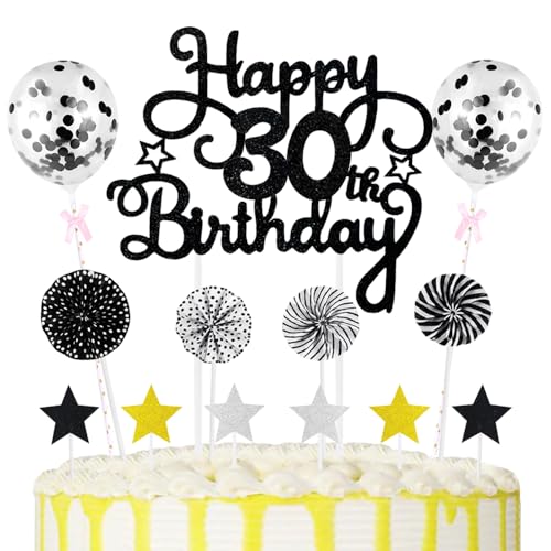 30th Geburtstag Kuchen Dekoration Kuchen Toppers Schwarz Birthday Torten Dekoration Sternen Papierfächer Ballon Torte Toppers Kuchendeko für 30. Geburtstag Dekorationen Party Zubehör von Maigendoo