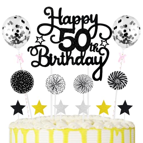 50th Geburtstag Kuchen Dekoration Kuchen Toppers Schwarz Birthday Torten Dekoration Sternen Papierfächer Ballon Torte Toppers Kuchendeko für 50. Geburtstag Dekorationen Party Zubehör von Maigendoo