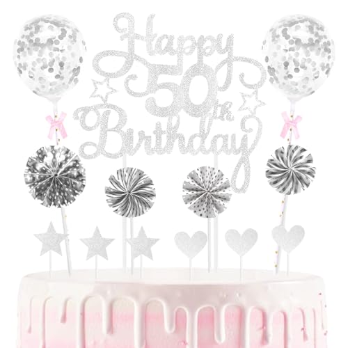50th Geburtstag Kuchen Dekoration Kuchen Toppers Birthday Torten Dekoration Herz Sternen Papierfächer Ballon Torte Topper Kuchendeko für 50. Geburtstag Dekorationen Party Zubehör, Silber 50th Geburtstag Kuchen Dekoration Kuchen Toppers Birthday Torten Dekoration Herz Sternen Papierfächer Ballon Torte Topper Kuchendeko für 50. Geburtstag Dekorationen Party Zubehör, Silber von Maigendoo