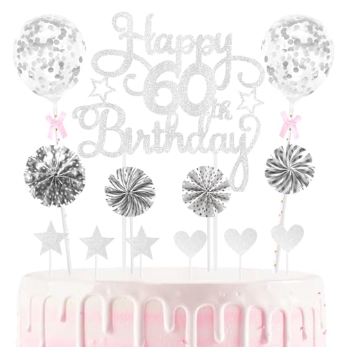 60th Geburtstag Kuchen Dekoration Kuchen Toppers Birthday Torten Dekoration Herz Sternen Papierfächer Ballon Torte Topper Kuchendeko für 60. Geburtstag Dekorationen Party Zubehör, Silber 60th Geburtstag Kuchen Dekoration Kuchen Toppers Birthday Torten Dekoration Herz Sternen Papierfächer Ballon Torte Topper Kuchendeko für 60. Geburtstag Dekorationen Party Zubehör, Silber von Maigendoo
