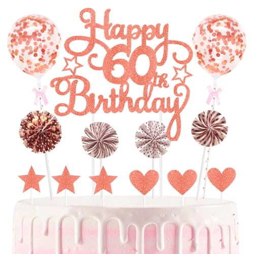 60th Geburtstag Kuchen Dekoration Kuchen Toppers Birthday Torten Dekoration Sternen Herz Papierfächer Ballon Torte Toppers Kuchendeko für 60. Geburtstag Dekorationen Party Zubehör von Maigendoo