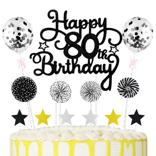 80th Geburtstag Kuchen Dekoration Kuchen Toppers Schwarz Birthday Torten Dekoration Sternen Papierfächer Ballon Torte Toppers Kuchendeko für 80. Geburtstag Dekorationen Party Zubehör von Maigendoo