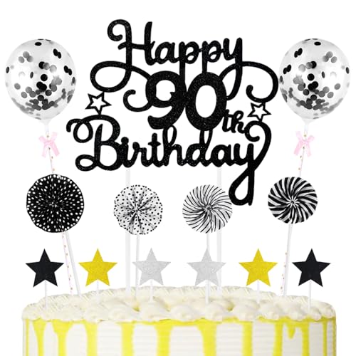90th Geburtstag Kuchen Dekoration Kuchen Toppers Schwarz Birthday Torten Dekoration Sternen Papierfächer Ballon Torte Toppers Kuchendeko für 90. Geburtstag Dekorationen Party Zubehör von Maigendoo