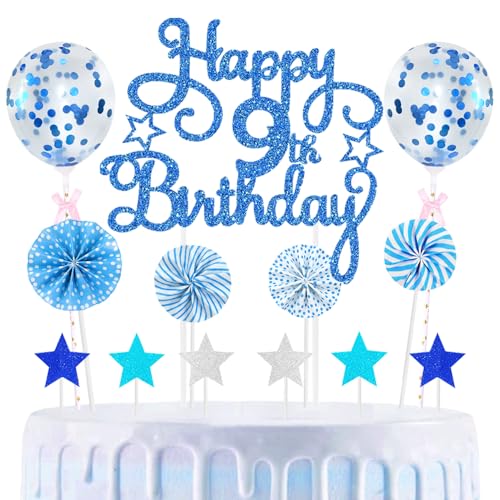 9th Geburtstag Kuchen Dekoration Kuchen Toppers Birthday Torten Dekoration Sternen Papierfächer Ballon Torte Toppers Kuchendeko für 9. Geburtstag Dekorationen Party Zubehör, Blau von Maigendoo