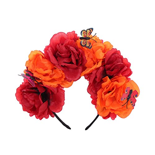Tag der Toten Stirnband Mexikaner Blumenkrone mit Schmetterlingen Dekor Halloween Haarschmuck für Themenpartys Halloween Tag der Toten Krone Gothic Stirnband Kopfschmuck Haarschmuck Kleid von Maigridy
