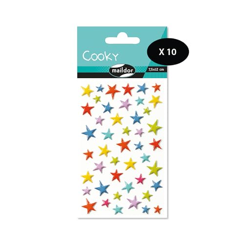 Maildor 560501Cpack – ein Beutel mit 3D-Aufklebern Cooky, 1 Bogen 7,5 x 12 cm, Sternfarben (46 Aufkleber), 10 Stück von Maildor