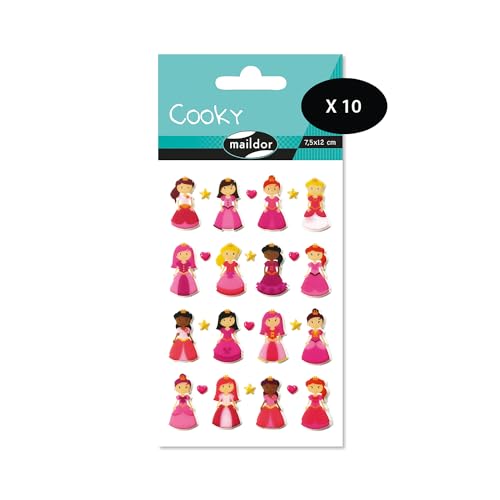 Maildor CY002Opack – eine Packung mit 3D-Aufklebern Cooky, 1 Bogen 7,5 x 12 cm, Prinzessinnen (28 Aufkleber), 10 Stück von Maildor