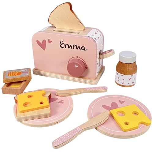 Kinderküche Toaster inkl. Zubehör rosa - personalisierbar I Handmade Holzspielzeug ab 3 Jahren I Label-Label Küchenzubehör I Geburtstagsgeschenk für Kinder I Spielzeug mit Name von Mainely