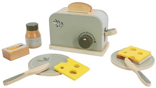 Label Label Holz Toaster – Olivgrün | Personalisierbares Küchenspielzeug mit Namen | Geschenk zur Geburt, Taufe oder Geburtstag | Holz-Toaster mit Zubehör für Kinder ab 18 Monaten von Mainely