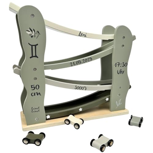 Label Label Kugelbahn inkl. Autos Olive - personalisierbar I Geschenk zur Geburt & Taufe I Kugelbahn Holz ab 1 Jahr I Personalisierte Geschenke Baby I Murmelbahn Holzmit Name & Geburtsdaten von Mainely