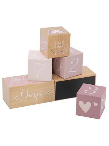 Label Label Meilensteinblöcke Rosa – Personalisierbare Holzblöcke mit Namensdruck – Baby Milestone Set zur Dokumentation von Wochen, Monaten & Jahren – Fotoprops & Geschenk zur Geburt oder Taufe von Mainely