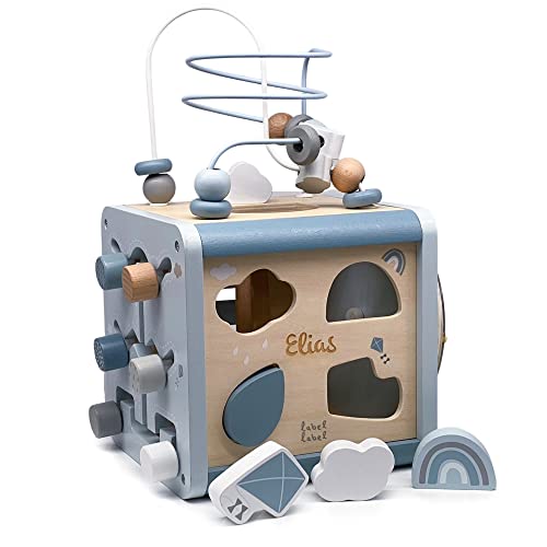 Motorikwürfel aus Holz - blau I Motorikspielzeug ab 1 Jahr personalisiert mit Name I Aktivitätswürfel als Geschenk zum 1. Geburtstag für Jungen I Activity Cube ab 12 Monate von Mainely