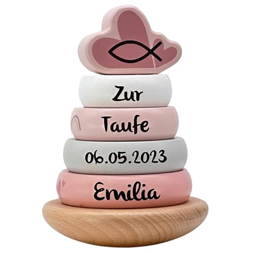Personalisierte Geschenke zur Taufe I außergewöhnliche Taufgeschenke für Jungen und Mädchen I Stapelturm rosa als Taufgeschenk mit Name I niedliche Tauf Dekoration aus Holz von Mainely