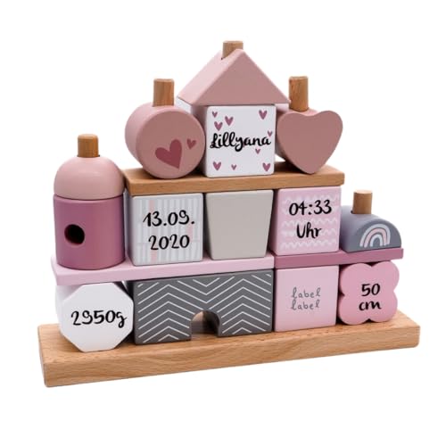 Steckspiel Haus rosa I Personalisiertes Geschenk zur Geburt Mädchen I Holzspielzeug I Personalisierte Geschenke Baby I Label-Label Stapelspiel mit Name & Geburtsdaten I Babygeschenk von Mainely