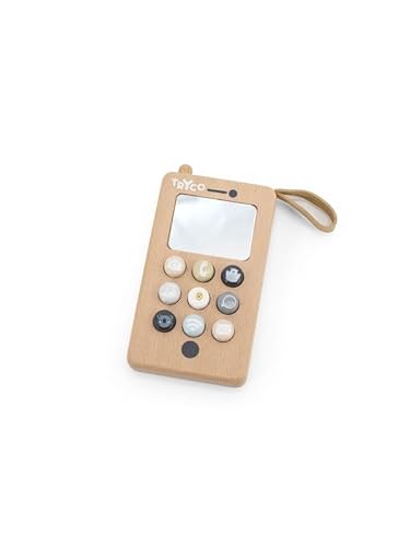 Tryco – Holztelefon für Kinder – Personalisierbar mit Namen – Mit bunten Knöpfen & Spiegel – Spielzeugtelefon aus massivem Holz von Mainely