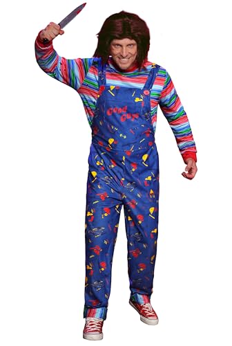 Mainfini Gruselfigur Komplettset für Herren Halloween Overall T Shirt Perücke Narben Größe XL von Mainfini
