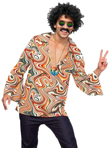 Herren Mardi Gras Kostüme 70er Paisley Tie Dye Hemd Vintage 60er Karneval Knopf Hemd Perücke Bart Brille Halskette M Herren Mardi Gras Kostüme 70er Paisley Tie Dye Hemd Vintage 60er Karneval Knopf Hemd Perücke Bart Brille Halskette M von Mainfini