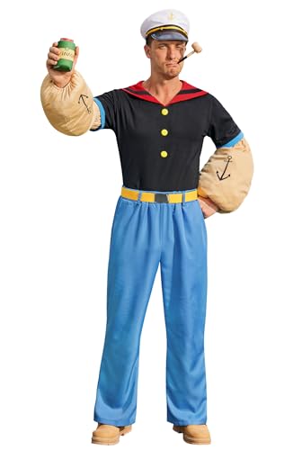 Mainfini Herren Popeye Kostüm Erwachsene Deluxe Halloween Cartoon Matrose Klassische Rolle Charakter Zubehör Komplettes Set XL von Mainfini