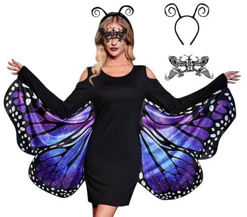 Halloween-Kleid mit Schmetterlingsflügeln für Damen, Set mit Stirnband, Spitze, Maske, Cosplay-Kostüm, Lila, Größe XXL Halloween-Kleid mit Schmetterlingsflügeln für Damen, Set mit Stirnband, Spitze, Maske, Cosplay-Kostüm, Lila, Größe XXL von Maisolly