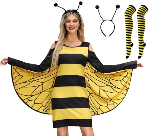 Maisolly Damen Cold Shoulder Halloween Insektenflügel Kostüm Kleid, Hornissengelb, X-Small von Maisolly